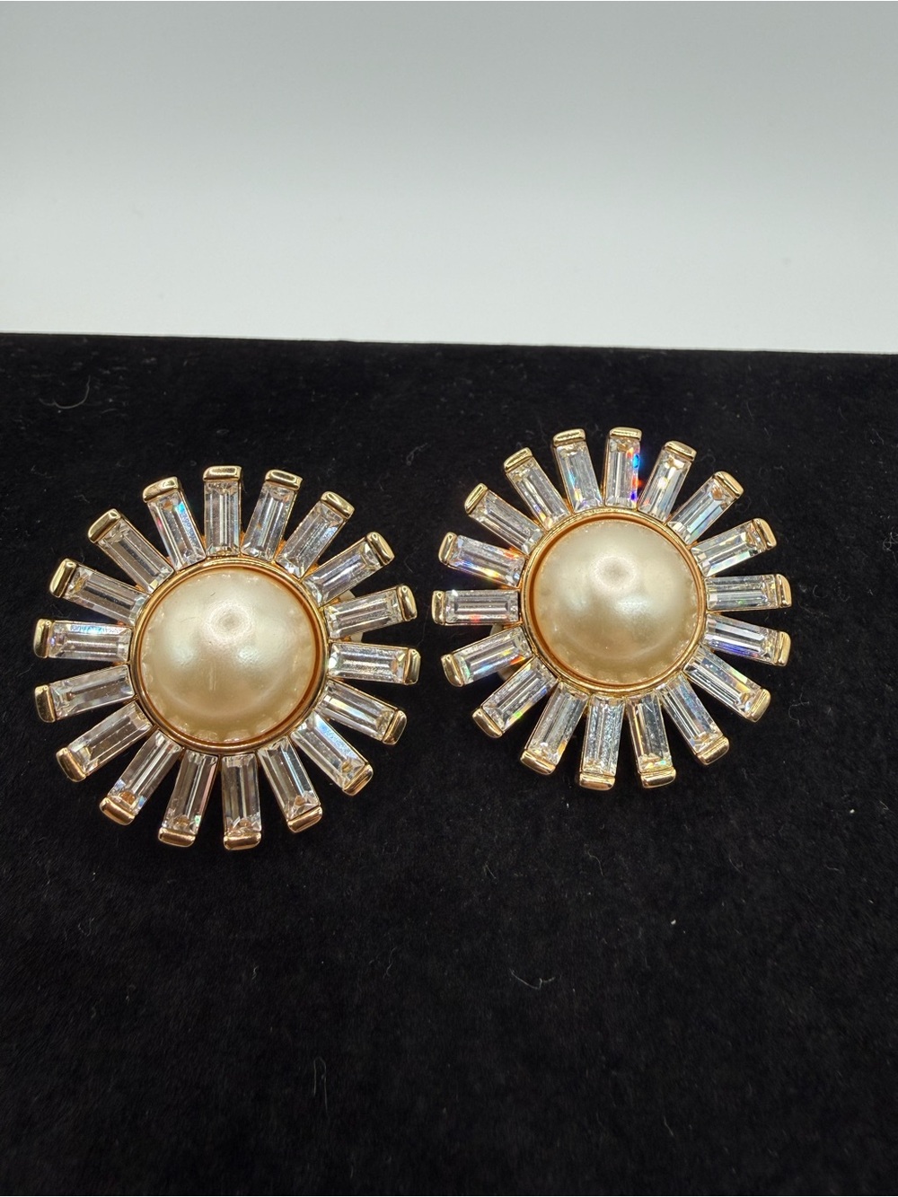 Vintage Swarovski Faux Pearl Baguette Crystal Sunburst Clip On Earrings